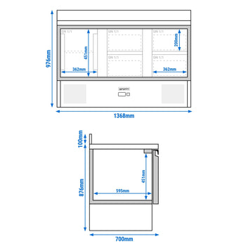 Stół chłodniczy ECO - 1370x700 mm - z 1 drzwiami & 4 szufladami & z panelem tylnym - Prime Gastro