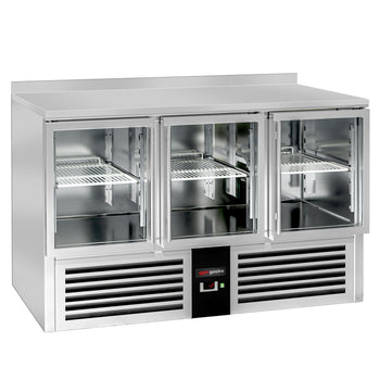 Stół chłodniczy PREMIUM - 1370x700 mm - 3 szklane drzwi & panel tylny - Prime Gastro