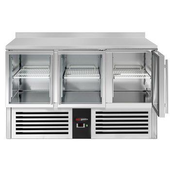 Stół chłodniczy PREMIUM - 1370x700 mm - 3 szklane drzwi & panel tylny - Prime Gastro