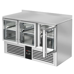 Stół chłodniczy PREMIUM - 1370x700 mm - 3 szklane drzwi & panel tylny
