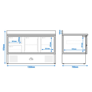 Stół chłodniczy PREMIUM - 1370x700 mm - 2 drzwi, 2 szuflady & panel tylny - Prime Gastro