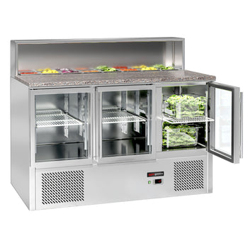 Saladette ECO - 1370 mm - 3 szklane drzwi - z blatem ze stali nierdzewnej dla 8x GN 1/6 - Prime Gastro