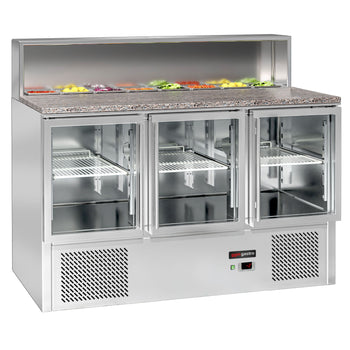 Saladette ECO - 1370 mm - 3 szklane drzwi - z blatem ze stali nierdzewnej dla 8x GN 1/6 - Prime Gastro