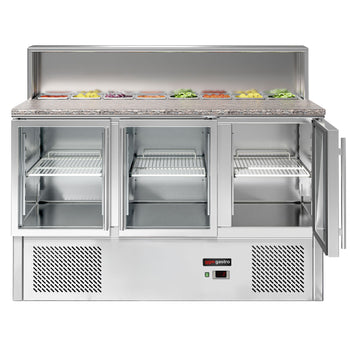 Saladette ECO - 1370 mm - 3 szklane drzwi - z blatem ze stali nierdzewnej dla 8x GN 1/6 - Prime Gastro
