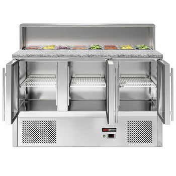 Saladette ECO - 1370 mm - 3 szklane drzwi - z blatem ze stali nierdzewnej dla 8x GN 1/6 - Prime Gastro