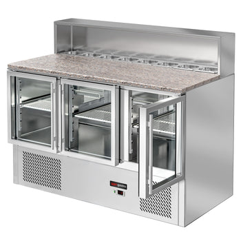 Saladette ECO - 1370 mm - 3 szklane drzwi - z blatem ze stali nierdzewnej dla 8x GN 1/6 - Prime Gastro