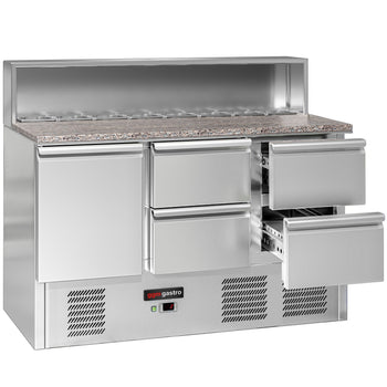 Stół Sałatkowy ECO - 1368 mm - 1 drzwi i 4 szuflady - dla 8x GN 1/6 - nadstawka ze stali nierdzewnej - Prime Gastro