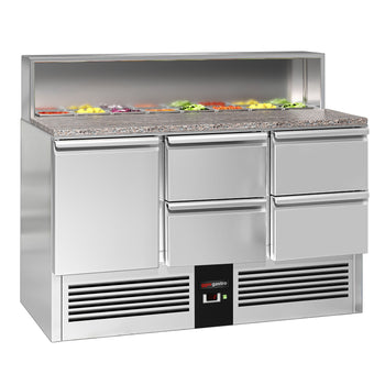 Stół Sałatkowy PREMIUM - 1368 mm -nadstawka ze stali nierdzewnej dla 8x GN 1/6 - 1 drzwi & 4 szuflady - Prime Gastro