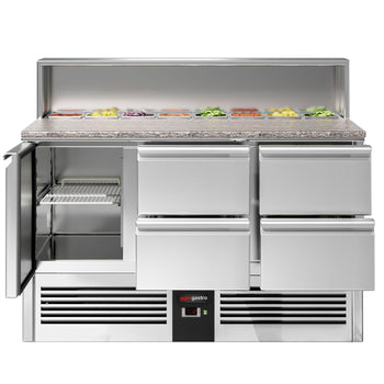 Stół Sałatkowy PREMIUM - 1368 mm -nadstawka ze stali nierdzewnej dla 8x GN 1/6 - 1 drzwi & 4 szuflady - Prime Gastro