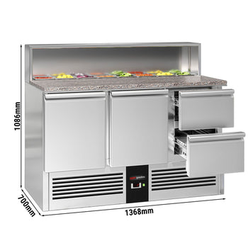 Stół Sałatkowy PREMIUM - 1368 mm - nadstawka ze stali nierdzewnej dla 8x GN 1/6 - 2 drzwi & 2 szuflady - Prime Gastro