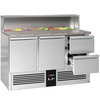 Stół Sałatkowy PREMIUM - 1368 mm - nadstawka ze stali nierdzewnej dla 8x GN 1/6 - 2 drzwi & 2 szuflady - Prime Gastro