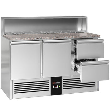 Stół Sałatkowy PREMIUM - 1368 mm - nadstawka ze stali nierdzewnej dla 8x GN 1/6 - 2 drzwi & 2 szuflady - Prime Gastro