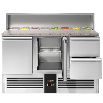 Stół Sałatkowy PREMIUM - 1368 mm - nadstawka ze stali nierdzewnej dla 8x GN 1/6 - 2 drzwi & 2 szuflady - Prime Gastro