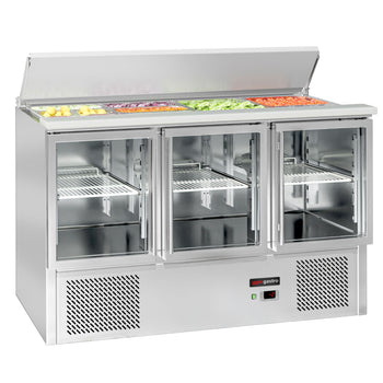 Saladette ECO - 1370 mm - 3 szklane drzwi - z wlotem na 4x GN 1/1 i pokrywą ze stali nierdzewnej - Prime Gastro