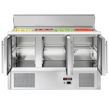 Saladette ECO - 1370 mm - 3 szklane drzwi - z wlotem na 4x GN 1/1 i pokrywą ze stali nierdzewnej - Prime Gastro