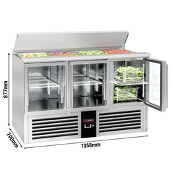 Saladette PREMIUM – 1370 mm – 3 szklane drzwi – z otworem na 4 pojemniki GN 1/1 i pokrywą ze stali nierdzewnej