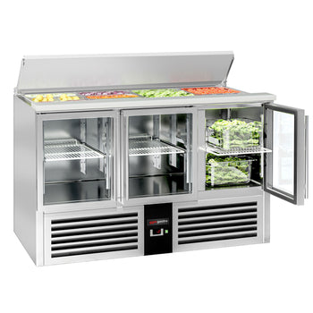 Saladette PREMIUM – 1370 mm – 3 szklane drzwi – z otworem na 4 pojemniki GN 1/1 i pokrywą ze stali nierdzewnej - Prime Gastro