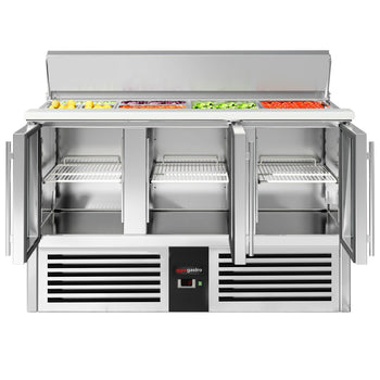 Saladette PREMIUM – 1370 mm – 3 szklane drzwi – z otworem na 4 pojemniki GN 1/1 i pokrywą ze stali nierdzewnej - Prime Gastro