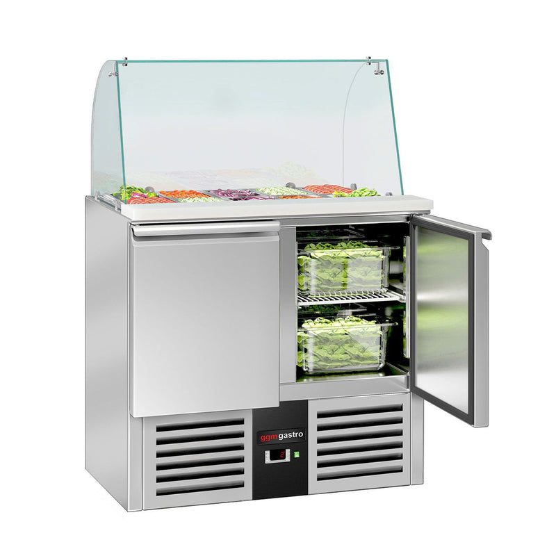 Stół Sałatkowy PREMIUM - 900 mm - wysoka szklana nadstawka - 2x GN 1/1 i 3x GN 1/6 - 2 drzwi
