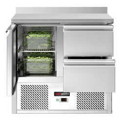 Stół chłodniczy ECO - 900x700 mm - z 1 drzwiami & 2 szufladami & panelem tylnym