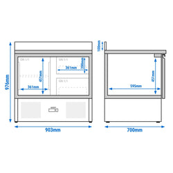 Stół chłodniczy ECO - 900x700 mm - z 1 drzwiami & 2 szufladami & panelem tylnym
