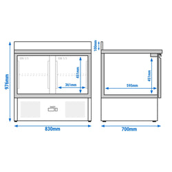 Stół chłodniczy PREMIUM – 900 x 700 mm – z 2 drzwiami szklanymi – z rantem