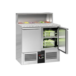 Commercial Saladette Counter PREMIUM - 903mm - 240L - 2 doors - open top for 5 x GN 1/6 & stainless steel hinged lid