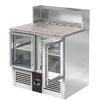 Stół Sałatkowy PREMIUM - 903 mm - nadstawka ze stali nierdzewnej - dla 5x GN 1/6 - 2 szklane drzwi - Prime Gastro