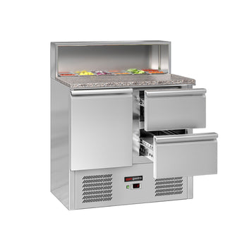 Stół Sałatkowy ECO - 903 mm - 1 drzwi i 2 szuflady - dla 5x GN 1/6 - nadstawka ze stali nierdzewnej - Prime Gastro