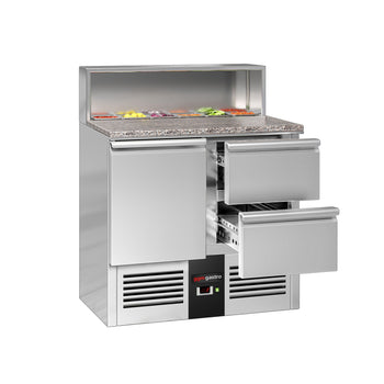 Stół Sałatkowy PREMIUM - 903 mm - nadstawka ze stali nierdzewnej dla 5x GN 1/6 - 1 drzwi & 2 szuflady - Prime Gastro