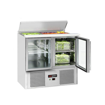 Saladette ECO - 903 mm - 2 szklane drzwi - z wlotem na 2x GN i 3x GN 1/6 oraz pokrywą ze stali nierdzewnej - Prime Gastro