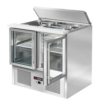 Saladette ECO - 903 mm - 2 szklane drzwi - z wlotem na 2x GN i 3x GN 1/6 oraz pokrywą ze stali nierdzewnej - Prime Gastro
