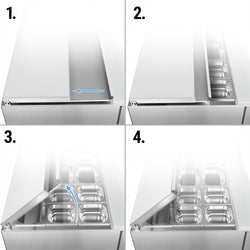 Stół Sałatkowy PREMIUM – 1370 mm – 3 szklane drzwi – z otworem na 4 pojemniki GN 1/1 i pokrywą ze stali nierdzewnej