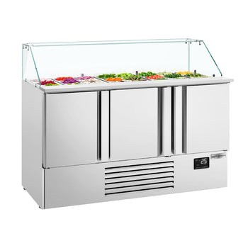 Stół chłodniczy sałatkowy PREMIUM PLUS - 1460mm - 335L - 3 drzwi - z nadstawką szklaną kątową