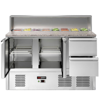 Stół Sałatkowy ECO - 1368 mm - 2 drzwi i 2 szuflady - dla 8x GN 1/6 - nadstawka ze stali nierdzewnej - Prime Gastro