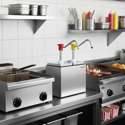 Saucen - / Dosierspender - 2x 2,5 Liter - tropfsicherer Auslauf - inkl. Edelstahlgestell