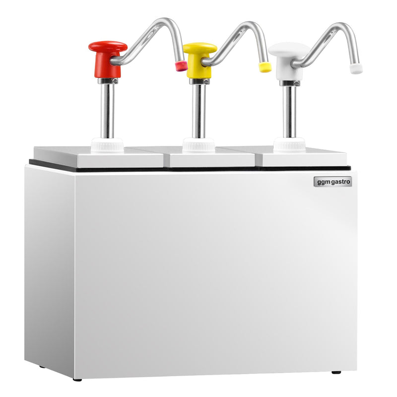 Dozownik sosów/dawkowacz – 3 x 2,5 litra – wylewka zapobiegająca kapaniu – wraz z podstawką ze stali nierdzewnej