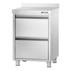 Szafka szufladowa PREMIUM – stal nierdzewna – 500 x 600 mm – z 2 szufladami i rantem o wysokości 100 mm