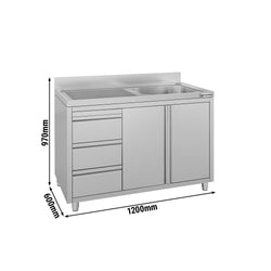 Szafka zlewozmywakowa ECO – 1200 x 600 mm – 3 szuflady – i 1 zlew po prawej stronie
