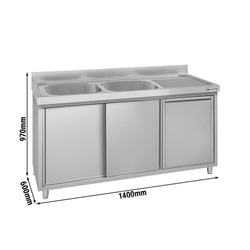 Zlew ze szafką ze stali nierdzewnej ECO – 1400 x 600 mm – z koszem na śmieci i 2 zlewami po lewej stronie