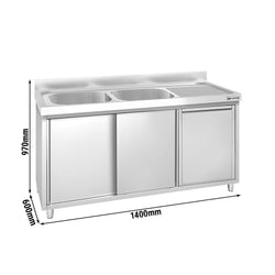 Zlew ze szafką ze stali nierdzewnej PREMIUM – 1400 x 600 mm – z koszem na śmieci i 2 zlewami po lewej stronie