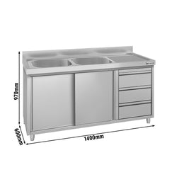 Szafka zlewozmywakowa ECO – 1400 x 600 mm – z 3 szufladami i 2 zlewami po lewej stronie