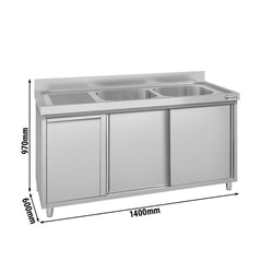 Szafka zlewozmywakowa ECO – 1400 x 600 mm – z koszem na śmieci i 2 zlewami po prawej stronie