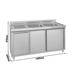 Zlew ze szafką ze stali nierdzewnej ECO – 1400 x 600 mm – z koszem na śmieci i 2 zlewami po prawej stronie