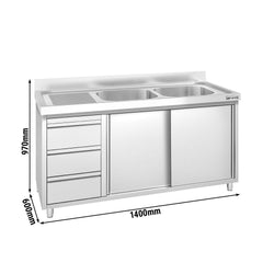 Szafka zlewozmywakowa PREMIUM – 1400 x 600 mm – z 3 szufladami i 2 zlewami po prawej stronie