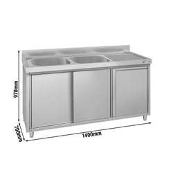 Szafka zlewozmywakowa ECO – 1400 x 700 mm – z koszem na śmieci i 2 zlewami po lewej stronie