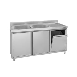Zlew ze szafką ze stali nierdzewnej ECO – 1400 x 600 mm – z koszem na śmieci i 2 zlewami po lewej stronie
