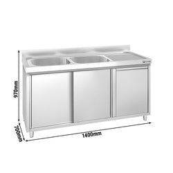 Szafka zlewozmywakowa PREMIUM – 1400 x 700 mm – z koszem na śmieci i 2 zlewami po lewej stronie