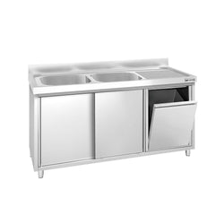 Zlew ze szafką ze stali nierdzewnej PREMIUM – 1400 x 600 mm – z koszem na śmieci i 2 zlewami po lewej stronie