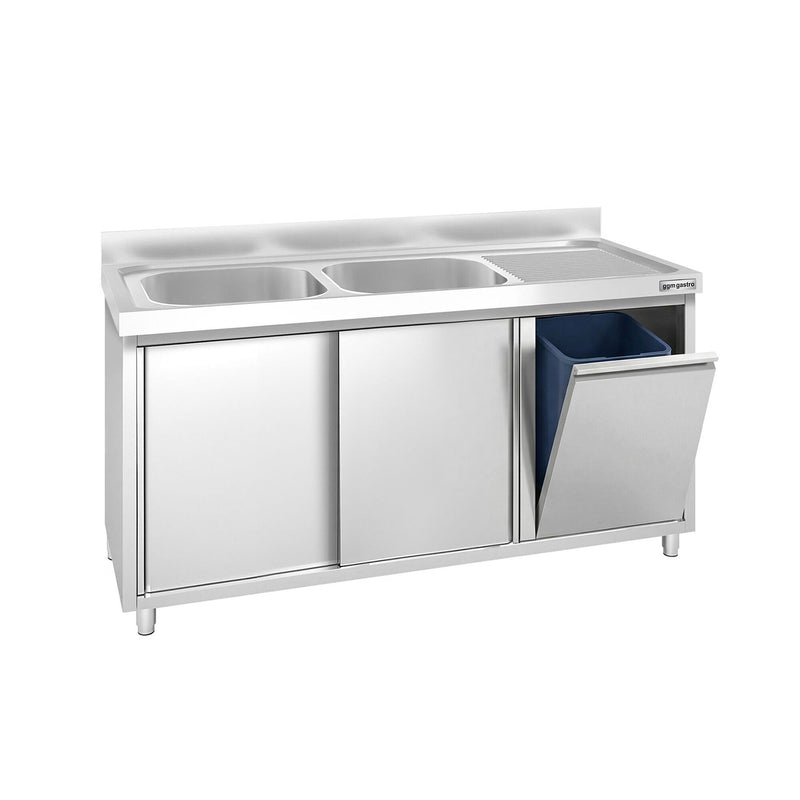 Szafka zlewozmywakowa PREMIUM – 1400 x 600 mm – z koszem na śmieci i 2 zlewami po lewej stronie